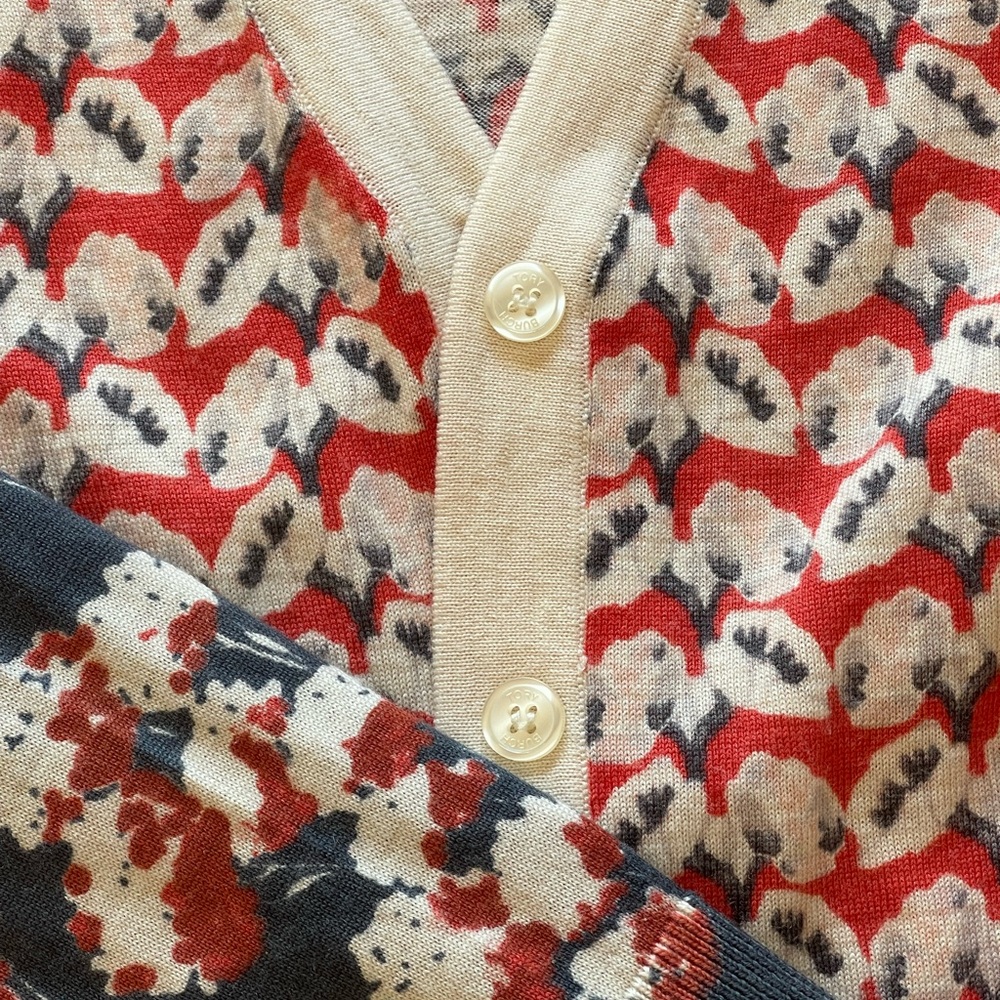 Tory Burch Red and Cream Patterned merino wool cardigan Sweater